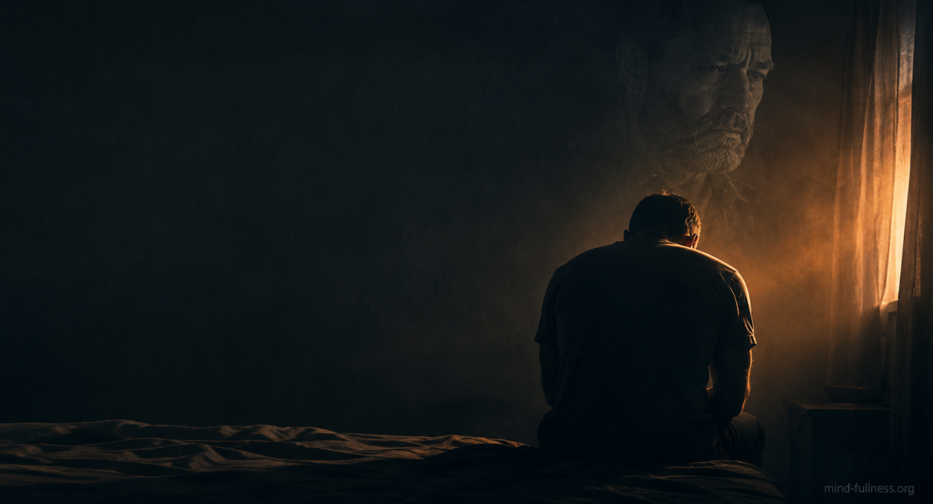 a man in his forties sitting on the edge of a bed shot from behind in near silhouette, shoulders hunched forward, head low, warm orange rim light cutting through deep shadow, behind and above him a faint ghosted double exposure of an older stern faced man fading into the darkness like a memory rather than a person