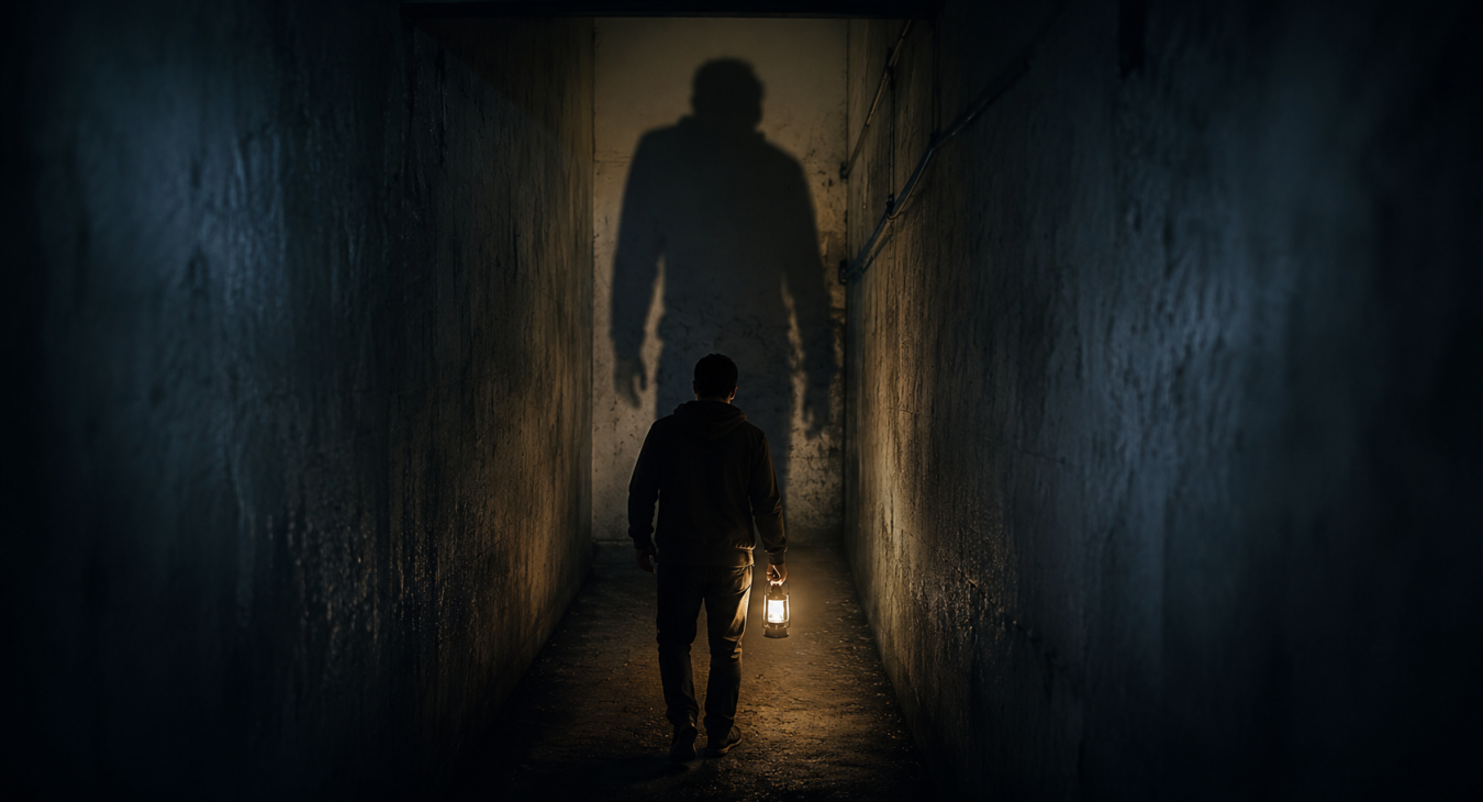 Thumbnail prompt A lone man walking down a dim, narrow corridor, seen from behind, carrying a small torch or lamp that casts a warm pool of light around him. Ahead on the wall, his own shadow is thrown large, stretched, and slightly distorted, looming over him like a separate figure rather than a simple silhouette. The corridor is otherwise cool toned, greys and deep blues, plain and unadorned, could be a basement, a stairwell, or an underground passage. Moody, tense, cinematic lighting with strong contrast